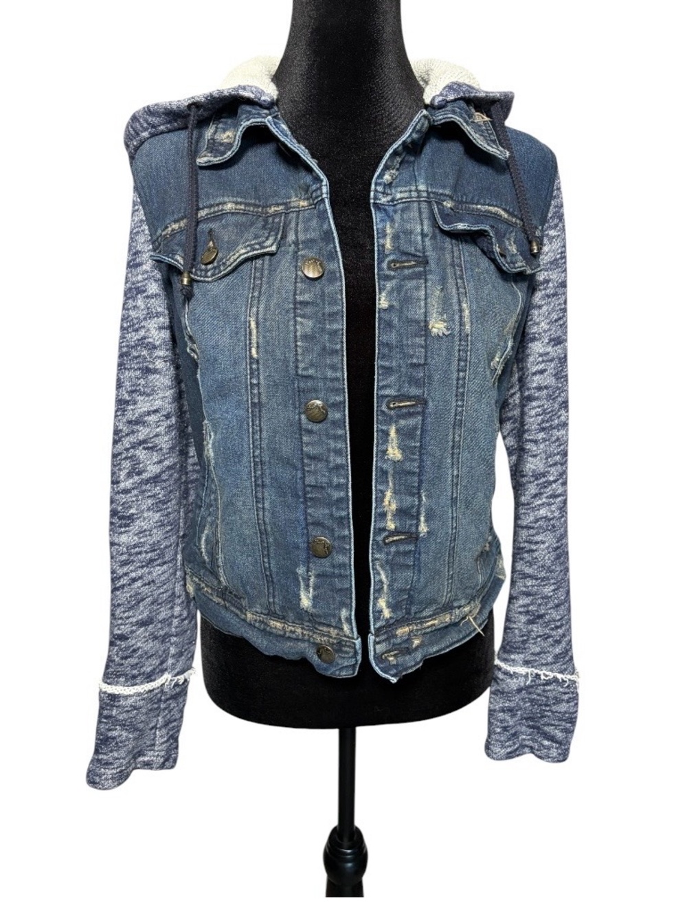 Free People Distressed Denim Jean Jacket W/ Knit Sleeves & Hood - Picture 1 of 13